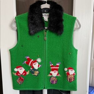 LISA INTERNATIONAL Grn Boiled Wool Christmas Vest Santa Embroidery Fur Collar PM